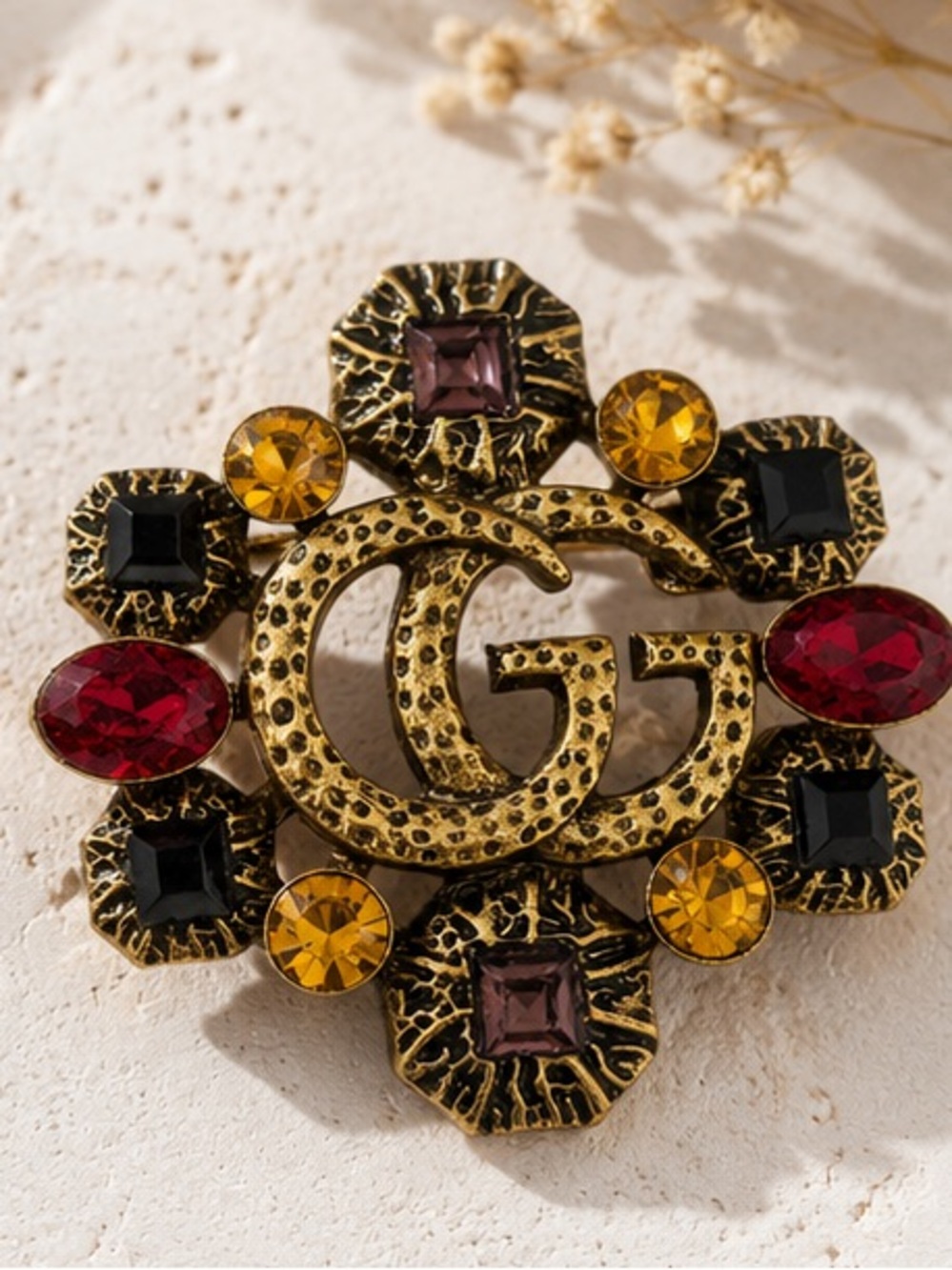 Designer Inspired GG Antique Gold Brooch with Multicolor Gem Accents